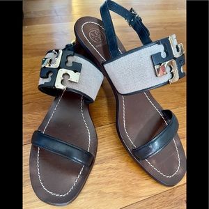 Tory Burch Lowell 45MM Sandal, linen/Black, size 9.5